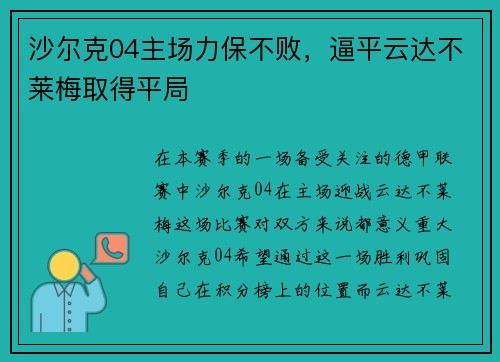 沙尔克04主场力保不败，逼平云达不莱梅取得平局