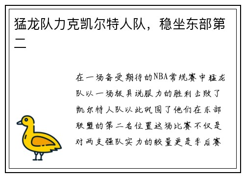 猛龙队力克凯尔特人队，稳坐东部第二